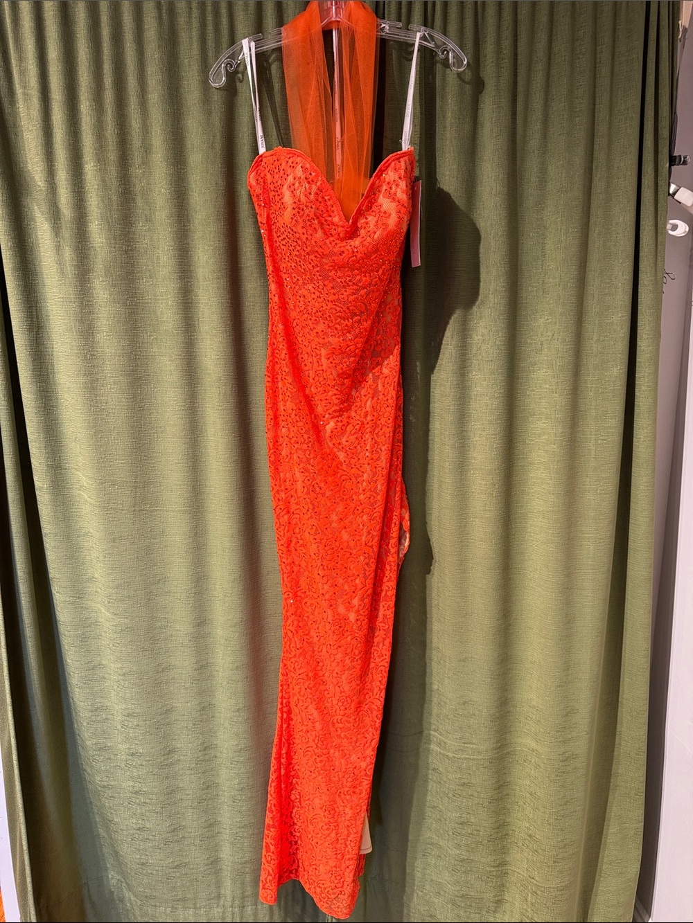 JVN by Jovani Neon Orange Lace Sweetheart Column Gown